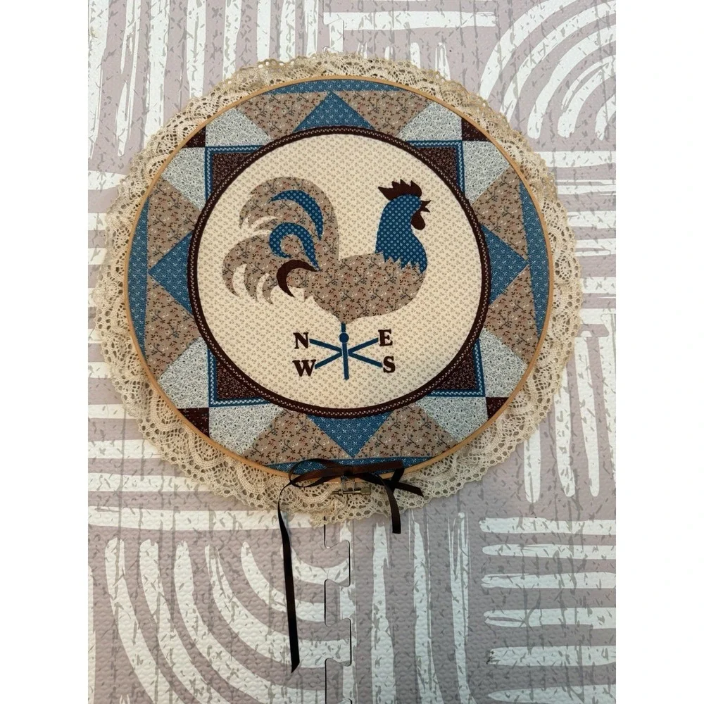 Vintage Handmade Embroidery Hoop Wall Art Rooster Compass Farmhouse Country Chic